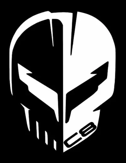 White cut-vinyl skull logo decal on black