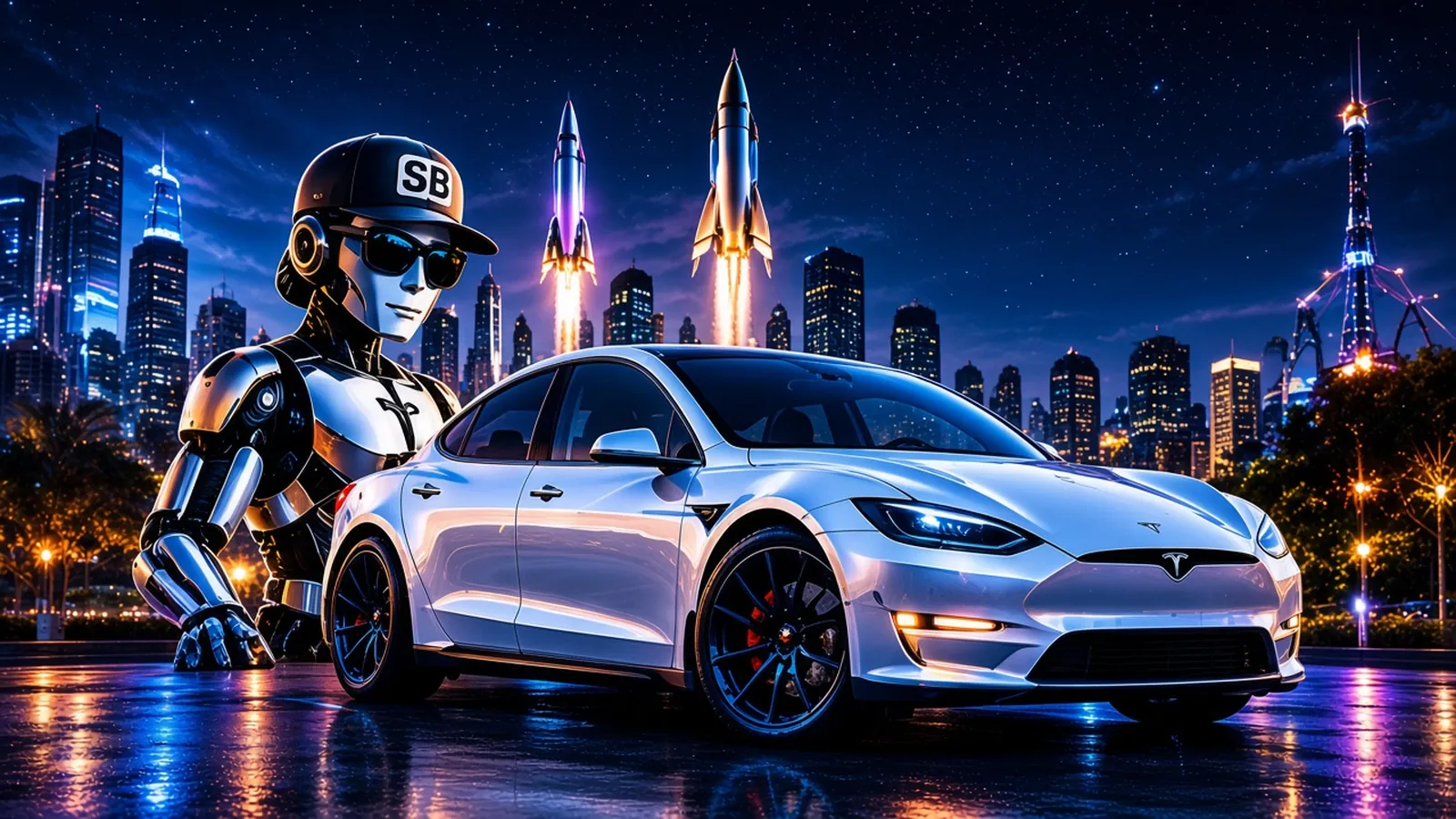 Chrome robot in an SB cap and sunglasses beside a white electric sedan with rockets launching over a night city